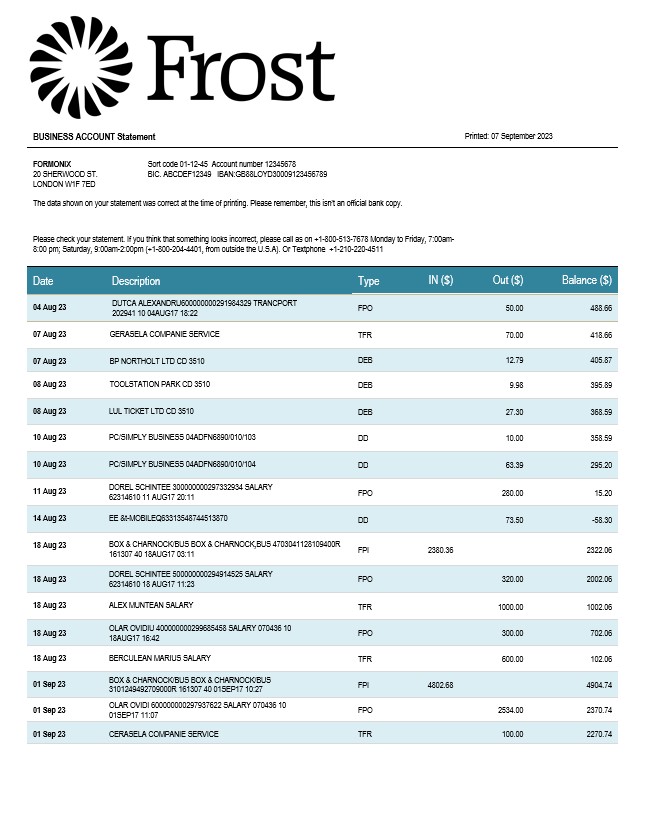 Modèle Word et PDF de relevé de compte d'entreprise Frost Bankers